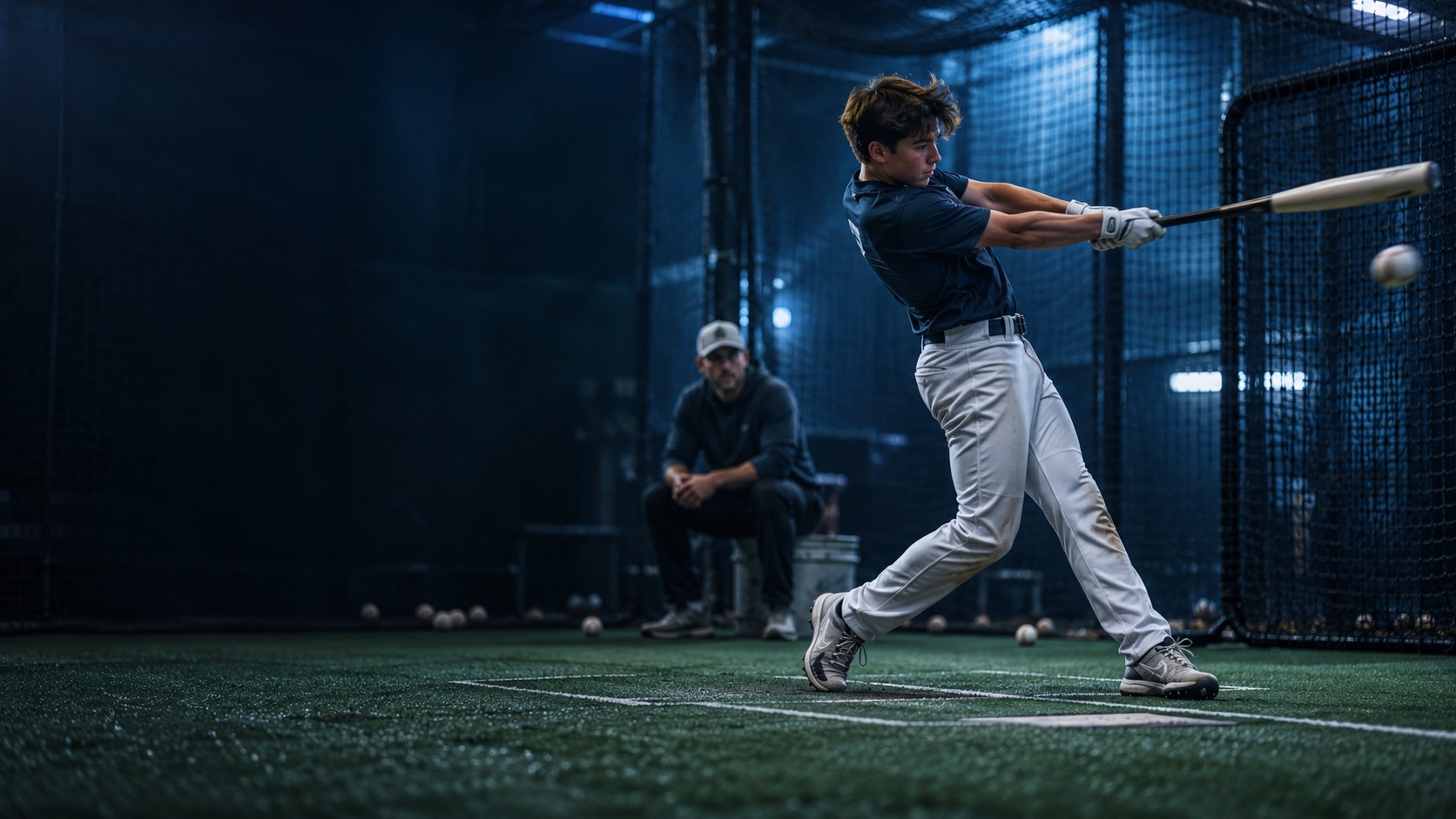 Illustrative athlete practicing a swing in an indoor batting cage